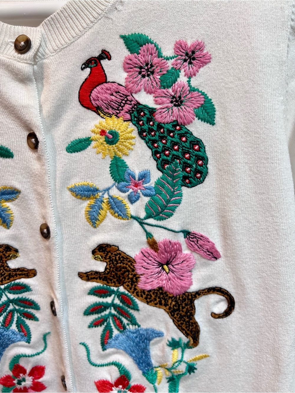 Boden White Cardigan with Multicolor Floral & Animal Embroidery (size S) - Picture 4 of 10